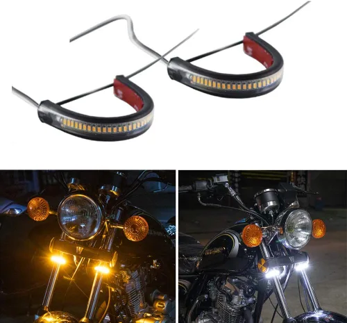 Miniatura 8 de 2 piezas flexibles Switchback de doble color blanco y ámbar para motocicleta LED horquilla intermitentes DRL luz diurna impermeable ajustable kit