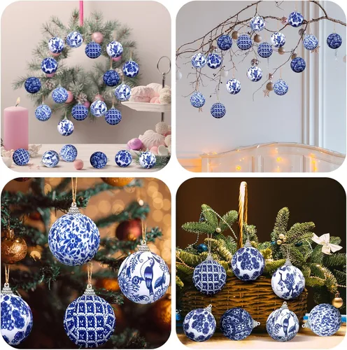 Miniatura 6 de Preboun 12 adornos de bola Chinoiserie de Navidad azules y blancos, decoración de árbol Chinoiserie, adornos colgantes de árbol de Navidad