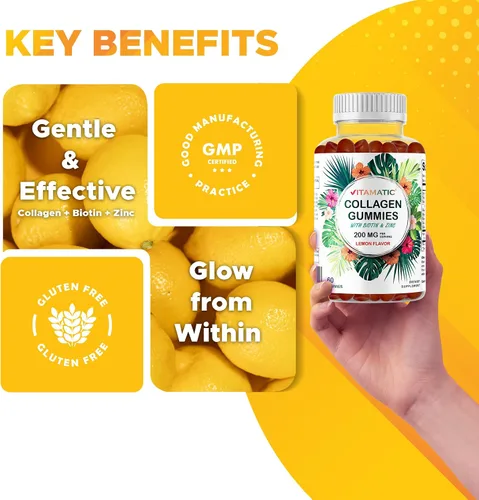 Miniatura 5 de Vitamatic Gomitas de colágeno hidrolizado con vitamina C, zinc y biotina, 200 mg - Apoyo para la piel saludable - 240 gomitas