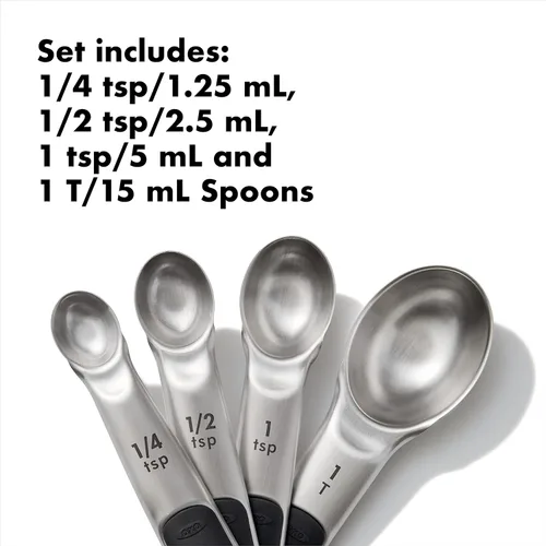 Miniatura 7 de OXO Good Grips - Juego de cuencos de acero inoxidable de 3 piezas, color azul/gris, 4.7 L y cucharas medidoras de acero inoxidable con broches
