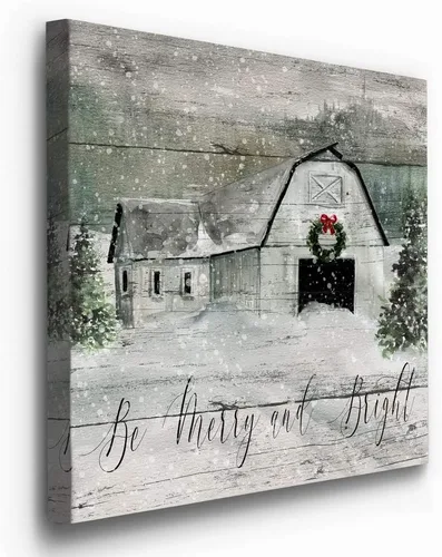 Miniatura 2 de Renditions Gallery Arte de pared "Be Merry and Bright", lindo arte navideño e invernal, granero festivo, aspecto de madera falsa, decoración
