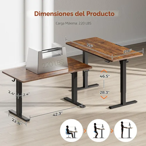 Miniatura 2 de Huuger Escritorio eléctrico grande de pie de 55 x 28 pulgadas, escritorio de computadora de altura ajustable, escritorio de 27.6 pulgadas de Marrón