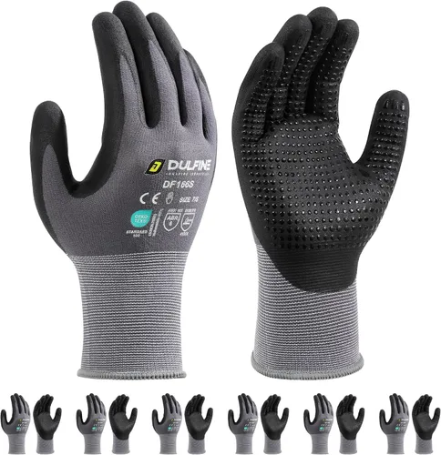 DULFINE Guantes de trabajo para hombres y mujeres, paquete de 6 pares, microespuma de nitrilo compatible con pantalla táctil, ideal para uso