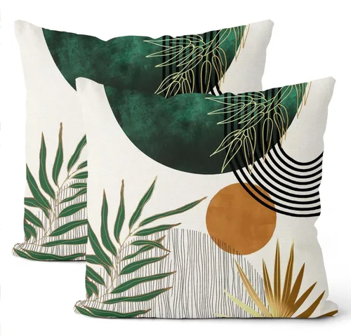 Juego de 2 fundas de almohada bohemias de 16 x 16 pulgadas, decoración de mediados de siglo, color verde y dorado, fundas de almohada decorativas de