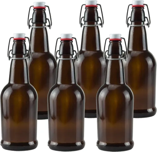 Ilyapa Botellas de cerveza de vidrio ámbar de 16 onzas para elaboración casera – Paquete de 6 con tapas herméticas con sello de goma
