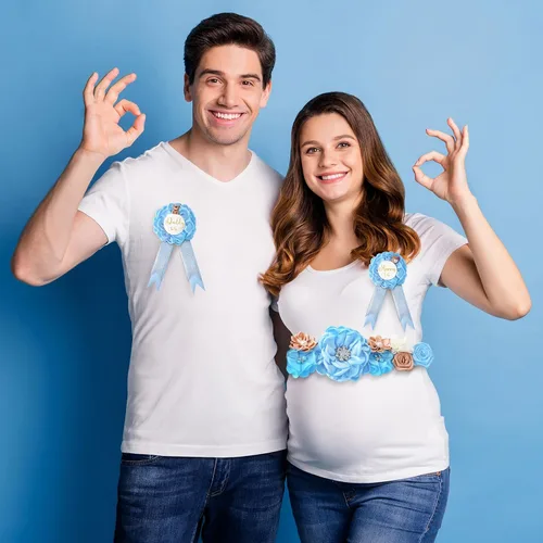 Miniatura 6 de Faja de maternidad floral para mamá, papá para ser ramillete, juego de alfileres de oso de peluche azul, banda para baby shower, cinturón de vientre
