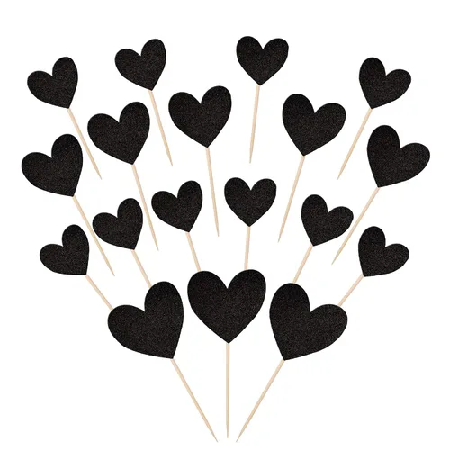 30 piezas de decoración para cupcakes con diseño de corazón con purpurina para cupcakes, despedida de soltera, boda, compromiso, decoración de Negro