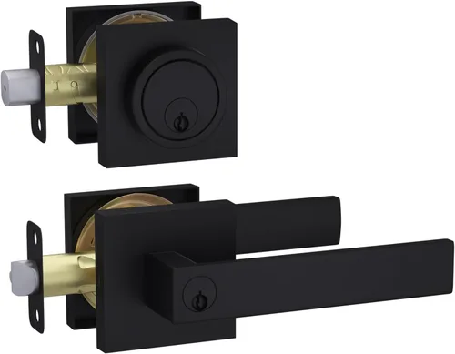 Haidms Juego de Cerradura de Puerta Exterior Negra con Pestillo, Manija de Puerta Frontal y Juego de Pestillo, Cerraduras de Puerta de Entrada,