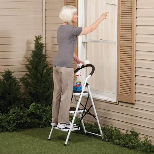 Miniatura 3 de LivingSURE Combo de taburete de escalera de 3 escalones con asa, taburete plegable antideslizante, escalera de pedal extra ancha resistente