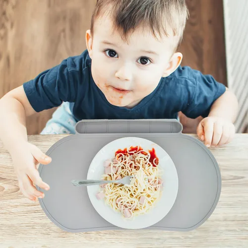 Miniatura 6 de Tapete individual de silicona para niños, Baby Mumbo, calidad alimentaria con bordes elevados únicos para prevenir derrames, bandeja ligera, Rojo