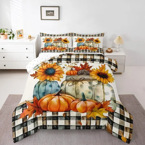 Miniatura 27 de Juego de edredón de calabaza de otoño tamaño individual para niños y niñas, juego de ropa de cama para niños, mujeres y hombres, ultra suave