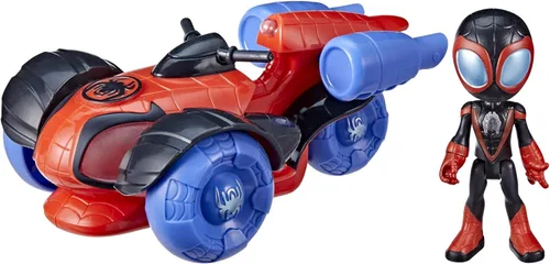 Spidey and His Amazing Friends Glow Tech Techno-Racer - Coche de juguete con figura de acción de Miles Morales Spider-Man, juguetes preescolares de