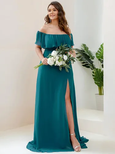 Miniatura 3 de Ever-Pretty Plus Women's Off Shoulder Short Sleeves Empire Waist Side Slit Chiffon Flowy Plus Size Bridesmaid Dresses
