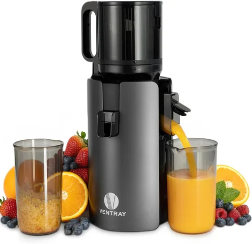 Ventray Exprimidor de prensa en frío, máquina exprimidora lenta con canal de alimentación de 4.7 pulgadas de ancho para verduras y frutas enteras,