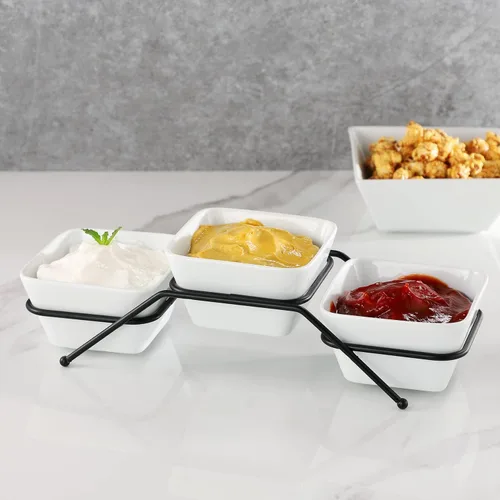 Miniatura 6 de Buyajuju Juego de 3 piezas de cuencos cuadrados de porcelana para chips y salsa con soporte de metal negro, cuencos pequeños de 4.5 pulgadas blancos