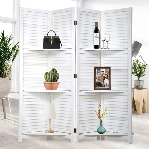Divisor de habitación de pared plegable de madera, pantalla plegable de 4 paneles con tres estantes inteligentes, divisor tejido a mano de malla