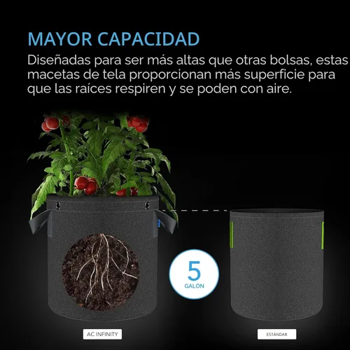 Miniatura 3 de AC Infinity - Macetas de tela resistente de 5 galones para cultivo de aireación, 5 unidades con tela no tejida gruesa de 11.29 oz (320 G) y anillos
