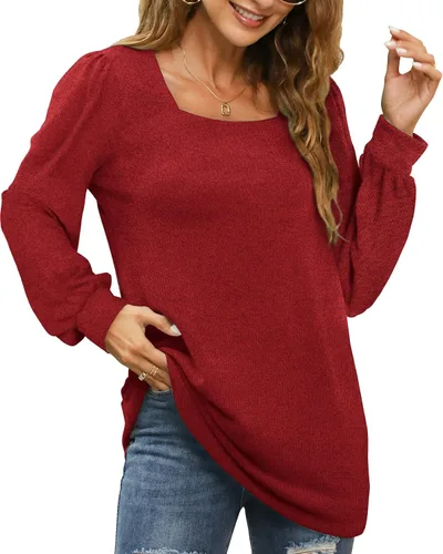 Miniatura 2 de WIHOLL Camisetas tipo túnica para mujer, ajuste holgado, manga larga, cuello cuadrado