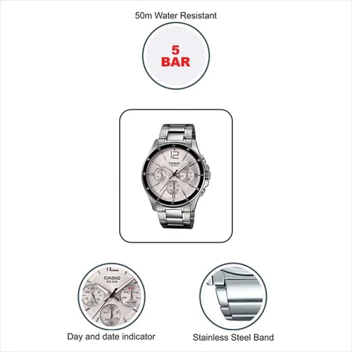 Miniatura 7 de Casio #MTP1374D-7AV Reloj de pulsera de metal estándar con esfera plateada multifunción para hombre, plateado, VestidoFormal