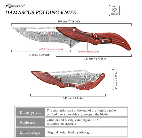 Miniatura 2 de SD604A Cuchillo plegable de Damasco VG10, de bolsillo, mango de sandía amarilla, con cerradura mecánica, para camping al aire libre y supervivencia