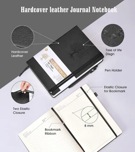 Miniatura 4 de Cuaderno rayado, 365 páginas B5, diarios grandes para escribir cuaderno a rayas, diario de cuero de tapa dura para mujeres y hombres, cuaderno Negro