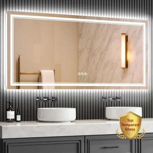 Miniatura 20 de Espejo de baño LED sin marco de 24 x 32 pulgadas, frontal y retroiluminado, vidrio templado inastillable, antivaho, 3 colores, regulable, memoria