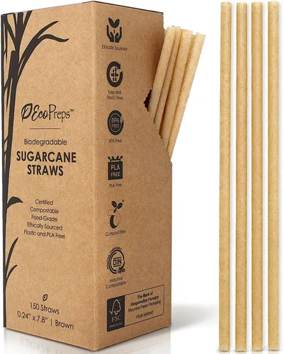 EcoPreps Pajitas biodegradables de caña de azúcar, 150 unidades, 100% compostables, sin plástico y ecológicas, popotes desechables de fibra de