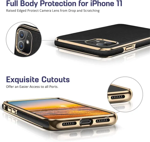 Miniatura 3 de LOHASIC Funda de cuero para iPhone 11, piel sintética delgada con marco galvanizado, agarre antideslizante, parachoques de TPU suave, funda Negro