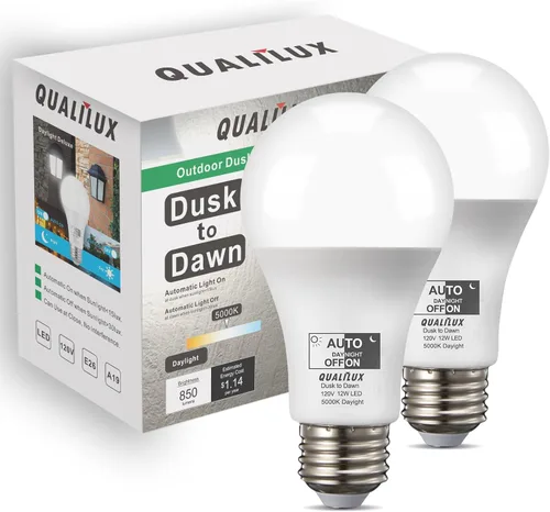 Qualilux Bombillas LED A19 del atardecer al amanecer 850 LM, equivalente a 60 W, luz diurna, 9.5 W de eficiencia energética, A19, base E26, paquete