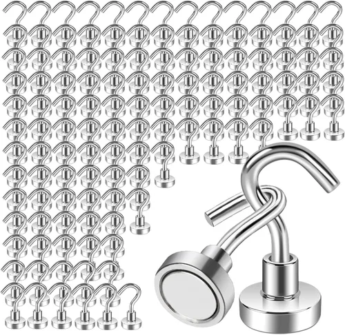 Miniatura 10 de Paquete de 22 ganchos magnéticos negros resistentes, ganchos magnéticos de 25 libras para colgar, imán de neodimio fuerte con ganchos para cabina