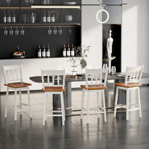 Miniatura 10 de COSTWAY Juego de 4 taburetes de bar de 24.5 pulgadas, sillas de bar de madera de goma con giro de 360°, reposapiés, taburetes de bar giratorios