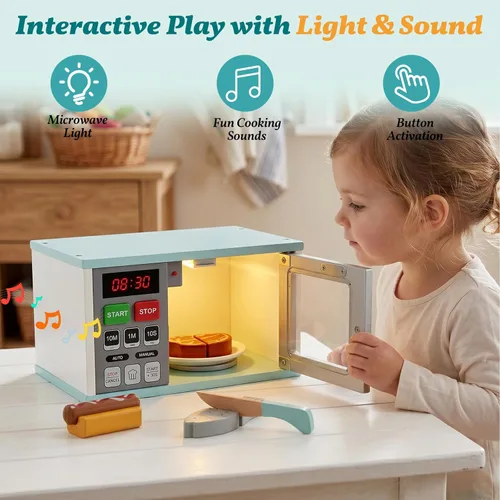Miniatura 4 de WOODENFUN Microondas de juguete de madera para niños, juego de cocina con luz y sonido, accesorios de cocina de juego de simulación, juguete