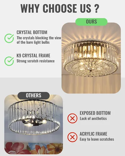 Miniatura 7 de Large Crystal Ceiling Light, 17.5" Black K9 Crystal Flush Mount Ceiling Light, 4-Light Round Luxury Light Fixture for Dining Room, Bedroom, Hotel