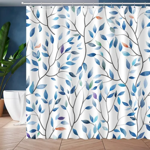 JWXCBIM Cortina de ducha bohemio azul con flores, cortina de ducha botánica colorida de primavera con hojas de flores, juego de cortinas de ducha de
