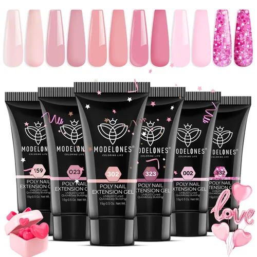 Modelones - Juego de gel de uñas de polietileno, 6 colores de la colección Confeti Rosa, rosa desnudo, colores con purpurina, gel de extensión de