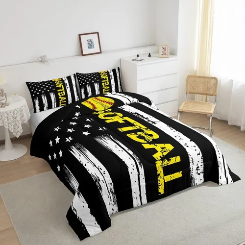 Miniatura 3 de Juego de edredón con bandera de Estados Unidos, juego de ropa de cama de béisbol y sóftbol, tamaño Queen, edredón acolchado con estrellas blancas