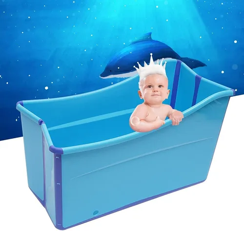 Bañera plegable grande para el hogar, bañera portátil azul para adultos en el baño, bañera independiente con manguera de drenaje de 3.6 pies y tapón
