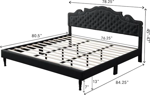 Miniatura 2 de Base de cama de plataforma tapizada tamaño Queen con cabecero ajustable de 47 pulgadas de alto, cama de lino copetuda con botones, soporte de Beige