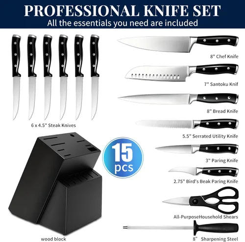 Miniatura 5 de Juego de cuchillos, juego de 15 piezas de cuchillos de cocina premium, cuchillo de chef de acero inoxidable de alto carbono ultra afilado, mango