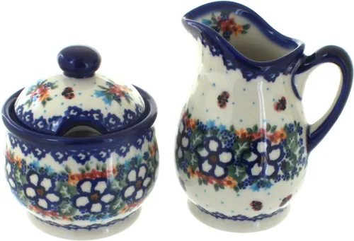 Miniatura 10 de Set de crema y azúcar de flor de manzana y cerámica polaca de rosa azul