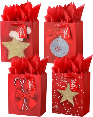 KomoLeay Paquete de 4 bolsas de regalo de tamaño mediano de 9 pulgadas, bolsas de regalo de Navidad surtidas con papel de seda para decoración de