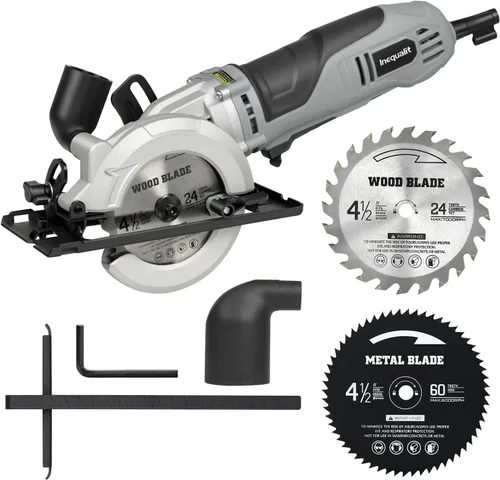 Mini sierra circular de 710 W, sierra compacta con cable de 5200 RPM y 6 amperios con TCT 24T de 4-1/2 pulgadas y hoja HSS 60T, regla guía paralela,