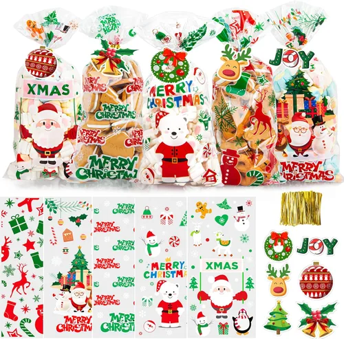 WeDoSoy Bolsas de celofán de Navidad, juego de 125 bolsas de regalo con lazos dorados y 30 etiquetas de regalo, ideales para galletas, dulces,
