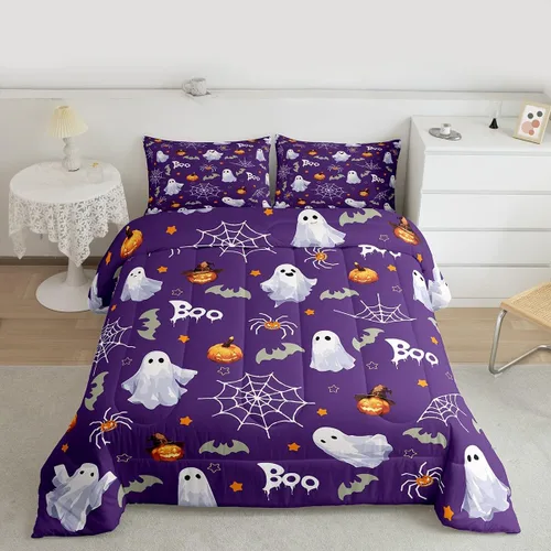 Miniatura 20 de Juego de edredón rosa con temática de Halloween, tamaño individual, edredón de farol de calabaza para adolescentes, juego de ropa de cama de Multi
