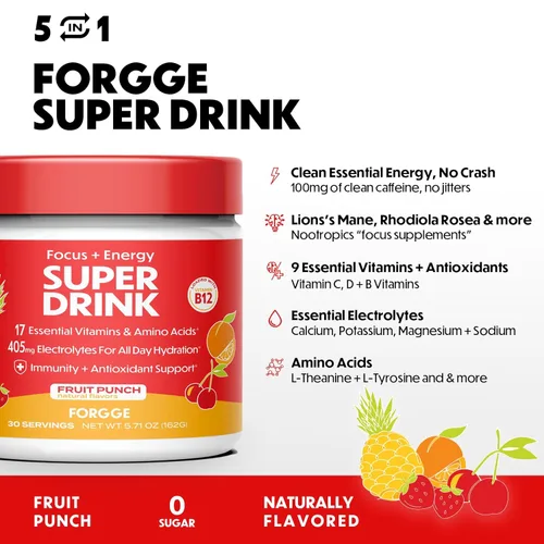 Miniatura 3 de Forgge Polvo de Mezcla para Bebida Energética Saludable - Cafeína Limpia + Vitaminas B12, B6, C y D - Polvo de Bebida Energética sin Azúcar