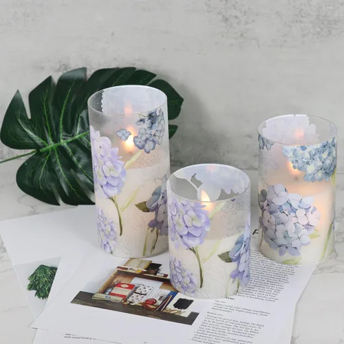 Miniatura 9 de Velas de Cristal de Hortensias Sin Llama con Temporizador Remoto Operadas con Batería Velas LED Parpadeantes de Pilar de Cera Real Decoración