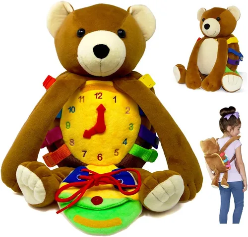 Buckle Toys Billy Bear - Mochila Montessori para niños pequeños con hebillas y actividades de aprendizaje, animal de peluche para habilidades
