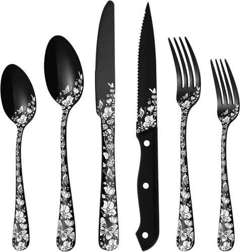 Stapava Juego de cubiertos negros de 24 piezas con cuchillos de carne para 4, juego de cubiertos de acero inoxidable, incluye tenedores, cucharas y