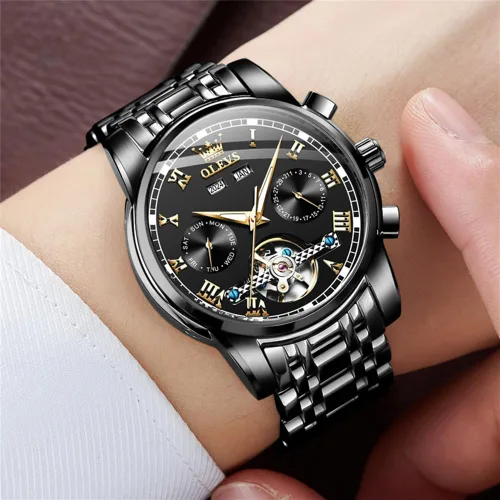Miniatura 3 de OLEVS Reloj automático para hombre, cuerda automática, mecánica, de lujo, de acero inoxidable, multicalendario, impermeable, luminoso, reloj