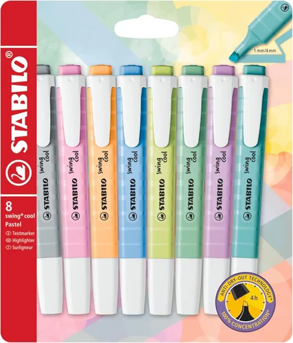 STABILO Resaltador Swing Cool Pastel – Paquete de 8 – Colores Variados, Portátil, Cierre de clip, Suministros de Oficina + Escolares
